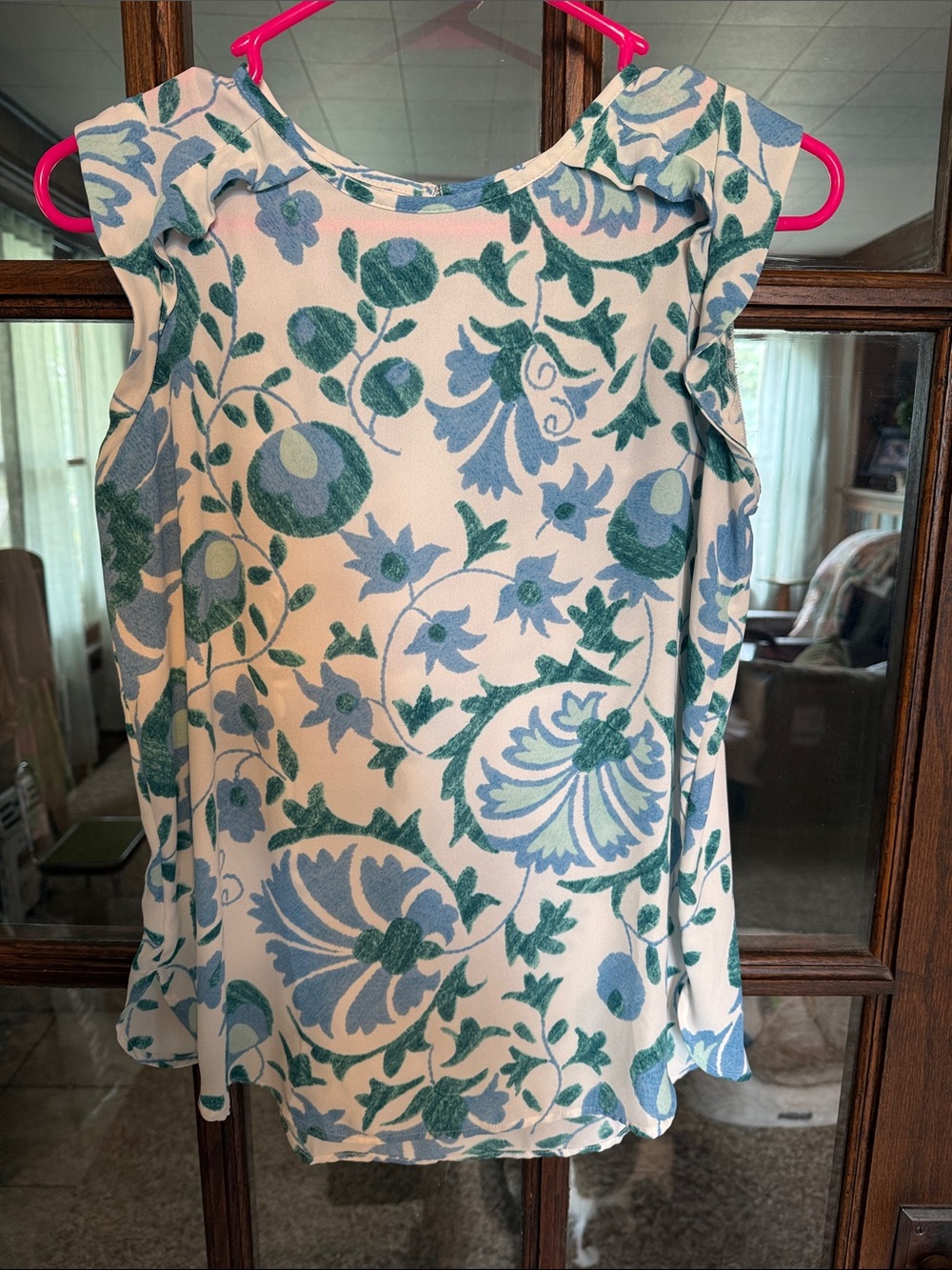 LOFT Petites Blue Teal Floral Ruffle Shoulder Sleeveless Blouse SP White Top